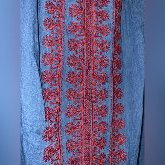 Madewell Embroidered Indigo Mercado Chambray Off Shoulder Dress NO BELT EUC S - Picture 4 of 8